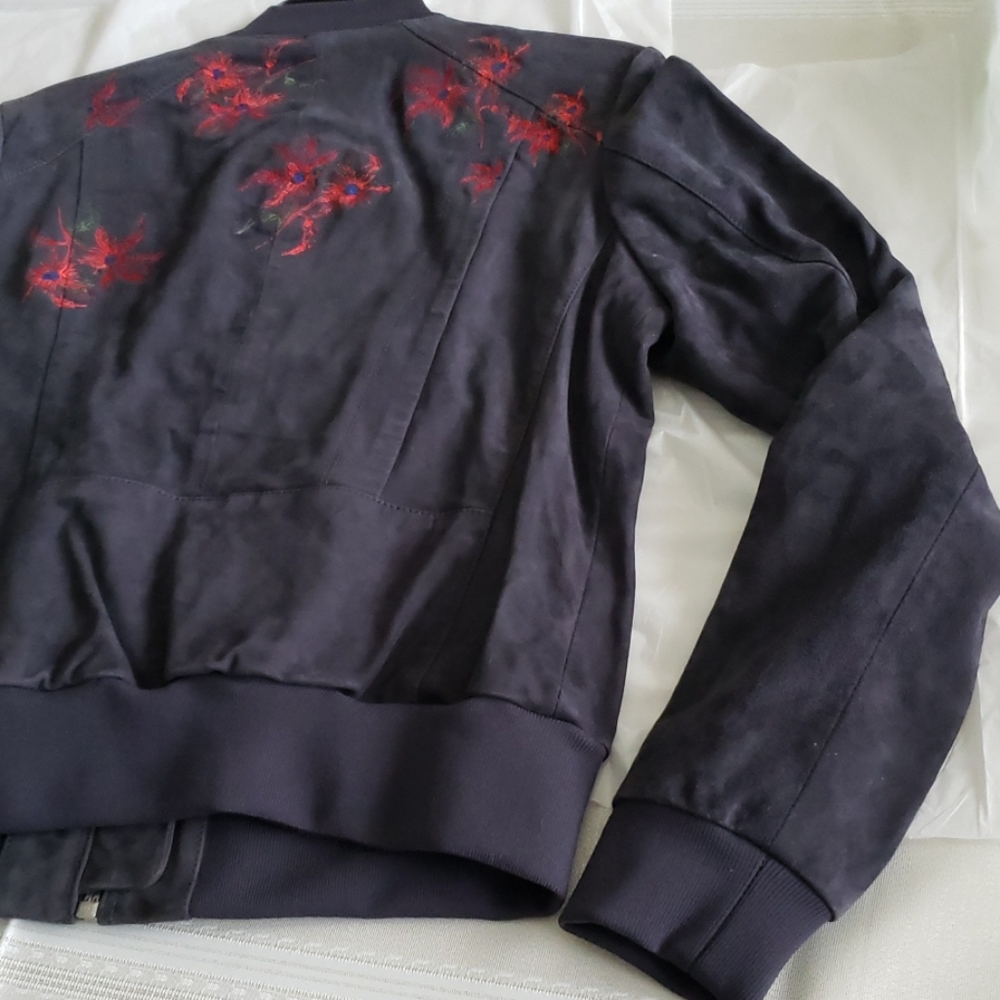 Andrew Marc New Bomber Embroidered Suede Leather Jacket Navy Women's M - Picture 14 of 16
